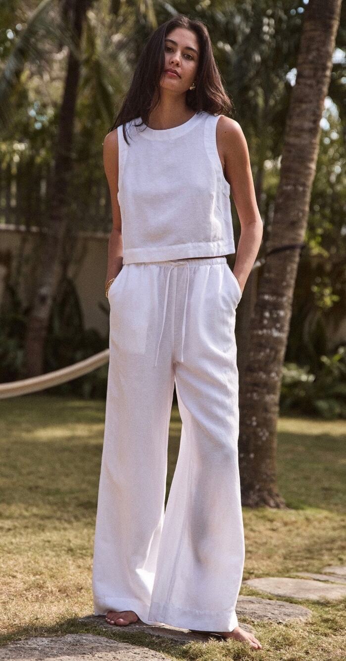 Marine Layer Linen Blend Wide Leg Drawstring Resortwear Pants in White Size S.
